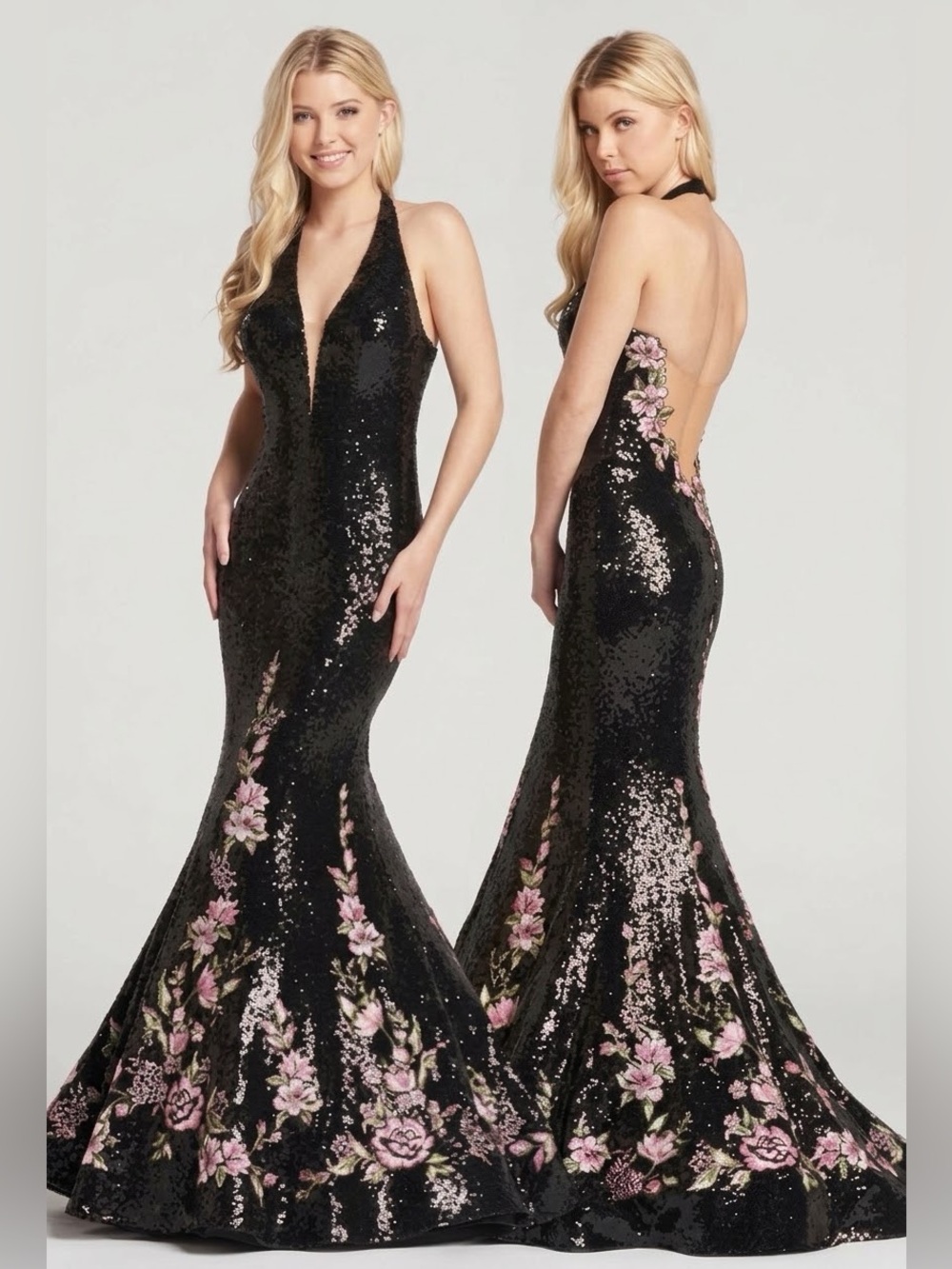NWT ELLIE WILDE for MON CHERI Black Sequined Mermaid Floral gown size 4